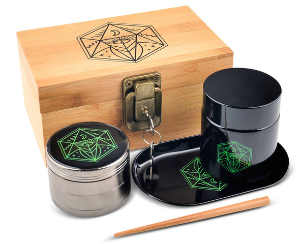 Vintage Stash Box Bundle - Ancient Symbol Design - Grinder - Rolling Tray - Airtight & UV Protecting Glass Jar - Accessory Gift Kit - Secure Storage Box - Lock & Key - Leaf-Way Brand Accessories